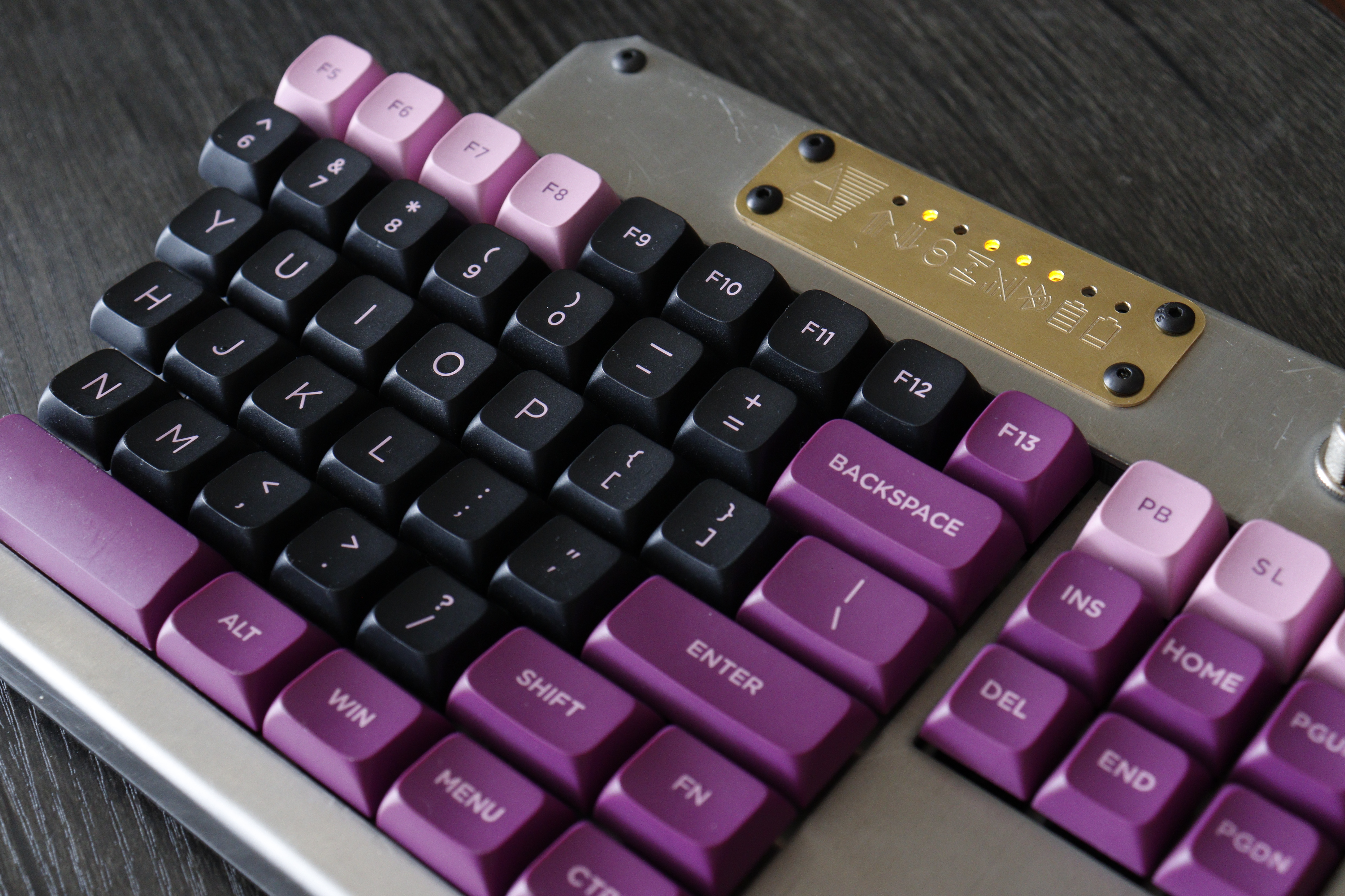 The right half of the keyboard with some of the status lights on